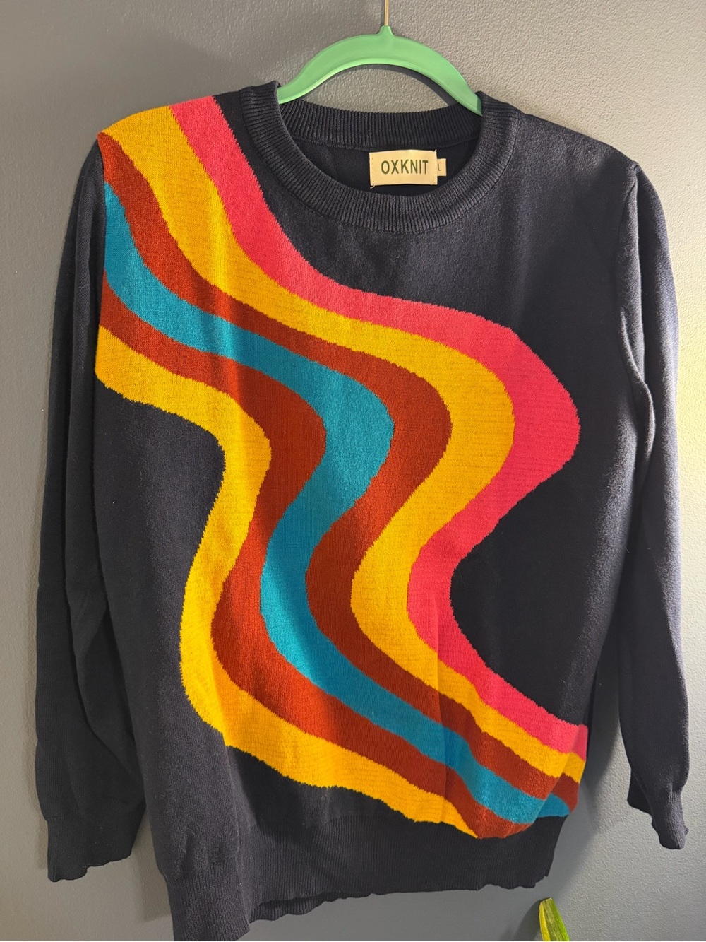 OXKNIT Women's Crew Neck Sweater in Navy with Multicolor Wave Large - Picture 2 of 5
